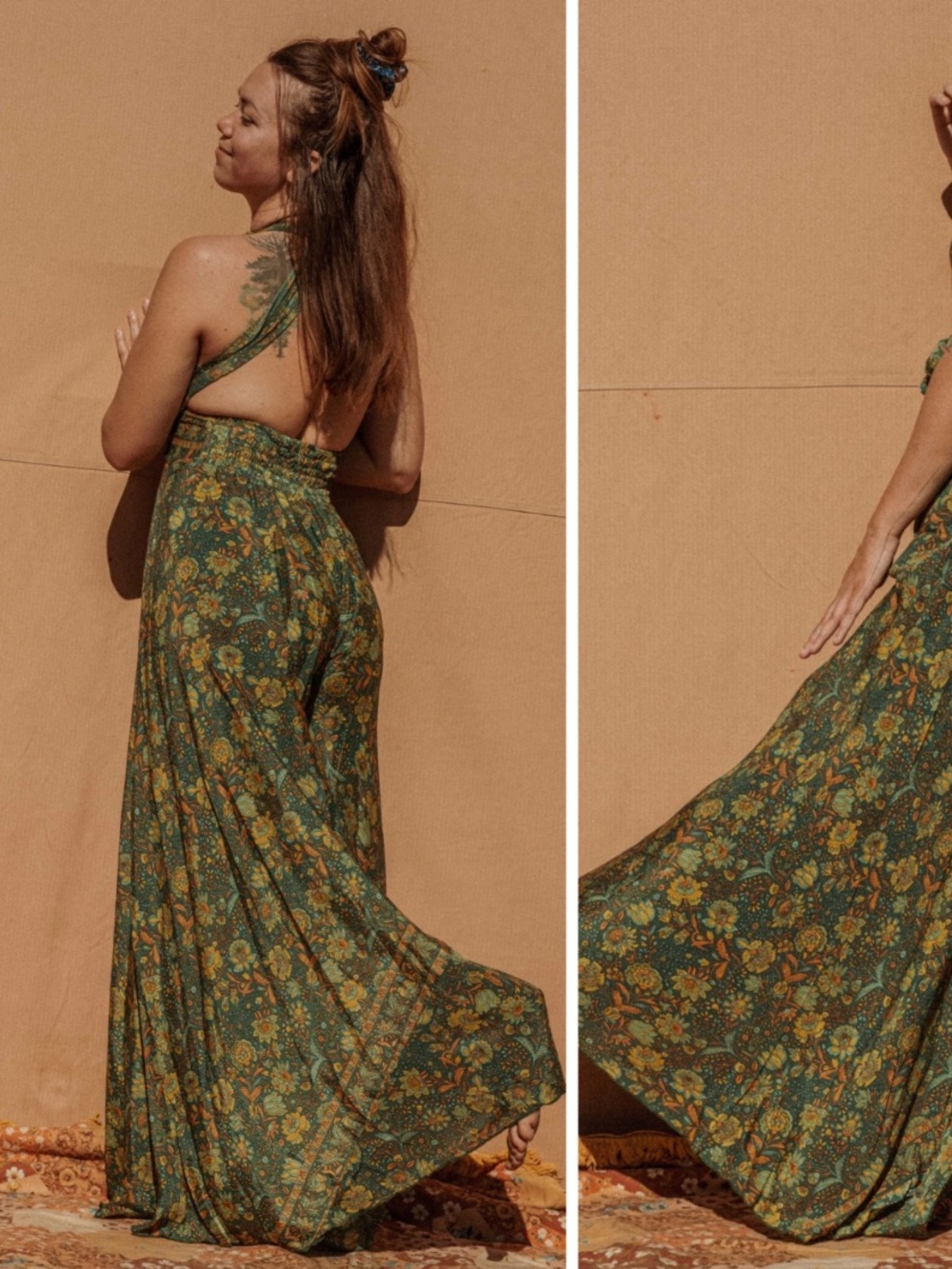 Gardenbelle Shop jumpsuit NEW SILK blend green floral bohemian 79s XS Coachella